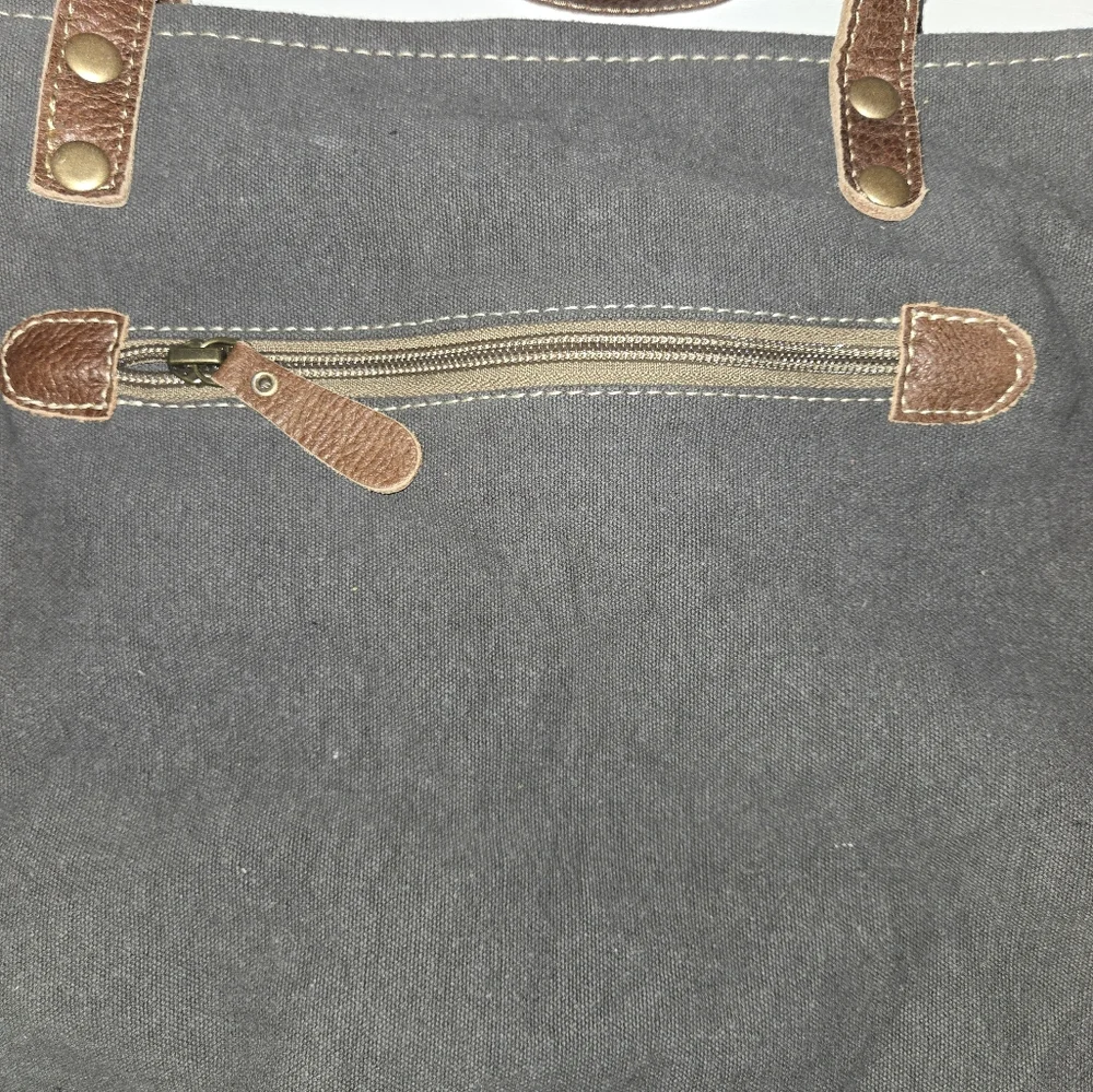 MYRA Bicycle Print Canvas/ Leather Tote Bag S-0935 18" X 13"  12"handles - Picture 8 of 15